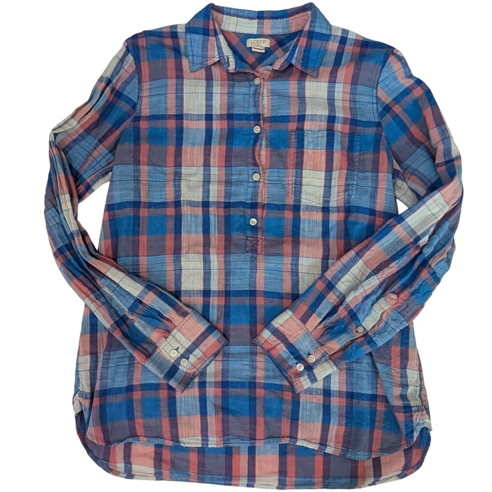 J. Crew Blue Pink Madras Plaid Popover Long Sleeve Button Shirt Women's‎ Size S